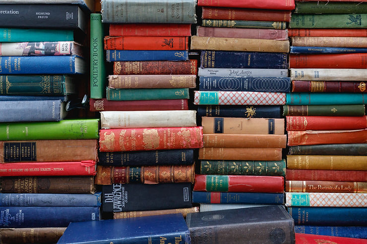 Piles of books stacked up with their spines facing sideways.