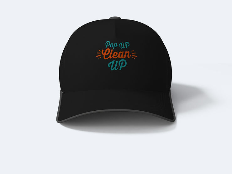 A black ball cap with the PopUP CleanUP logo embroidered into it.