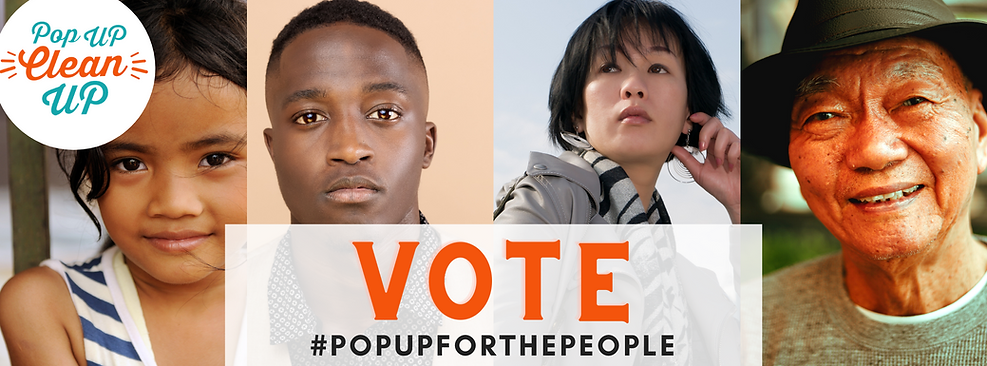 A child, an old man, a young woman and a young man lined up with the word VOTE #popupforthepeople underneath.