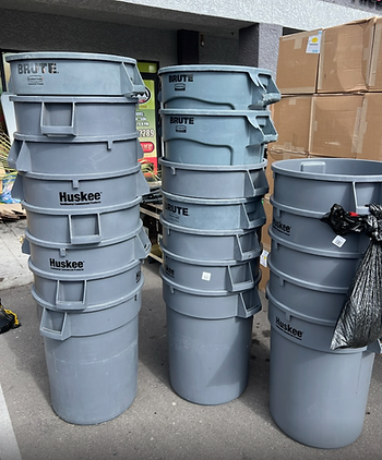 Stacked gunmetal grey trash cans at the Las Vegas Branding Activation for NCompass International.