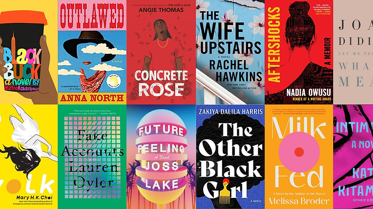 A canvas of covers for bestselling books published in 2021 including Black Buck, The Wife Upstairs, Concrete Rose, The Other Black Girl, and Milk Fed.