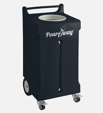 A black Pour Away device which acts as a liquid disposal container to avoid contaminating and weighing down dumpsters.