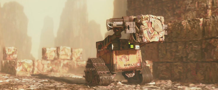 Pixar's Wall-E creating blocks of trash and stacking them into mountains.