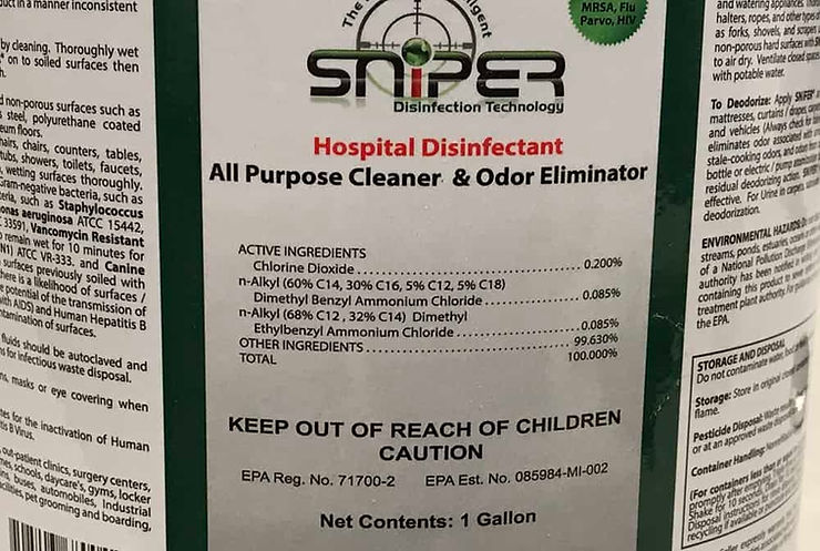 SNiPER disinfectant label showing the active ingredients including chlorine dioxide, dimethyl benzyl ammonium chloride and ethylbenzyl ammonium chloride