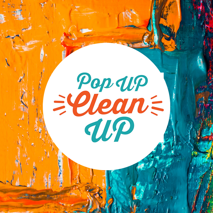 PopUP CleanUP Logo on an abstract Painted Backdrop with thick orange and turquoise blue paint.