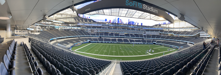 A panoramic view of SoFi Stadium from the stands.
