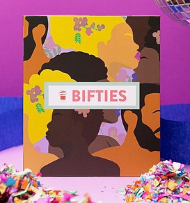 Colorful graphic box for Bifties, a gift box showcasing black-owned brands.  The graphics on the box are different shades of non-white people.