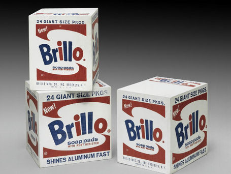 Andy Warhol Brillo Pad Art installation made with wood boxes and mimicking the graphics on the commercially available product.