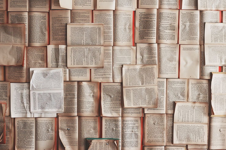 Dozens of open books lying one on top of another to show a collage of printed pages.