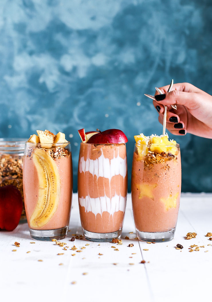 Need some good recipes for a vegan bbq?  Check out some recipes including these chocolate shakes topped with fruits ike banana, apples, and pineapples.