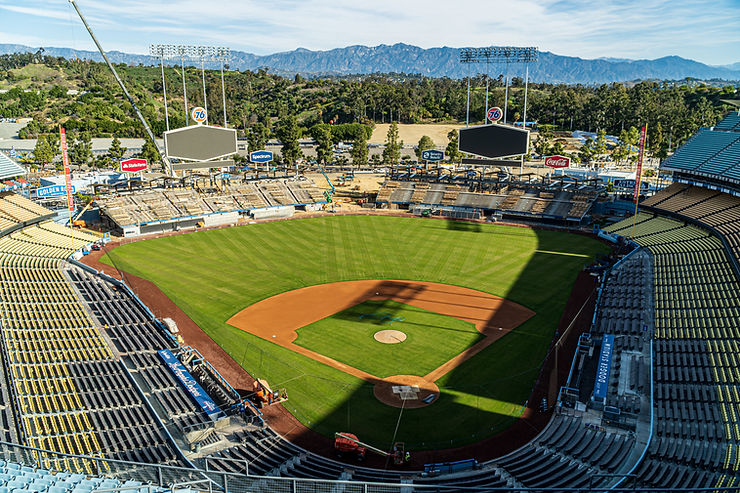 A view of Dodger Stadium empty from the nosebleed seats right behind home plate.