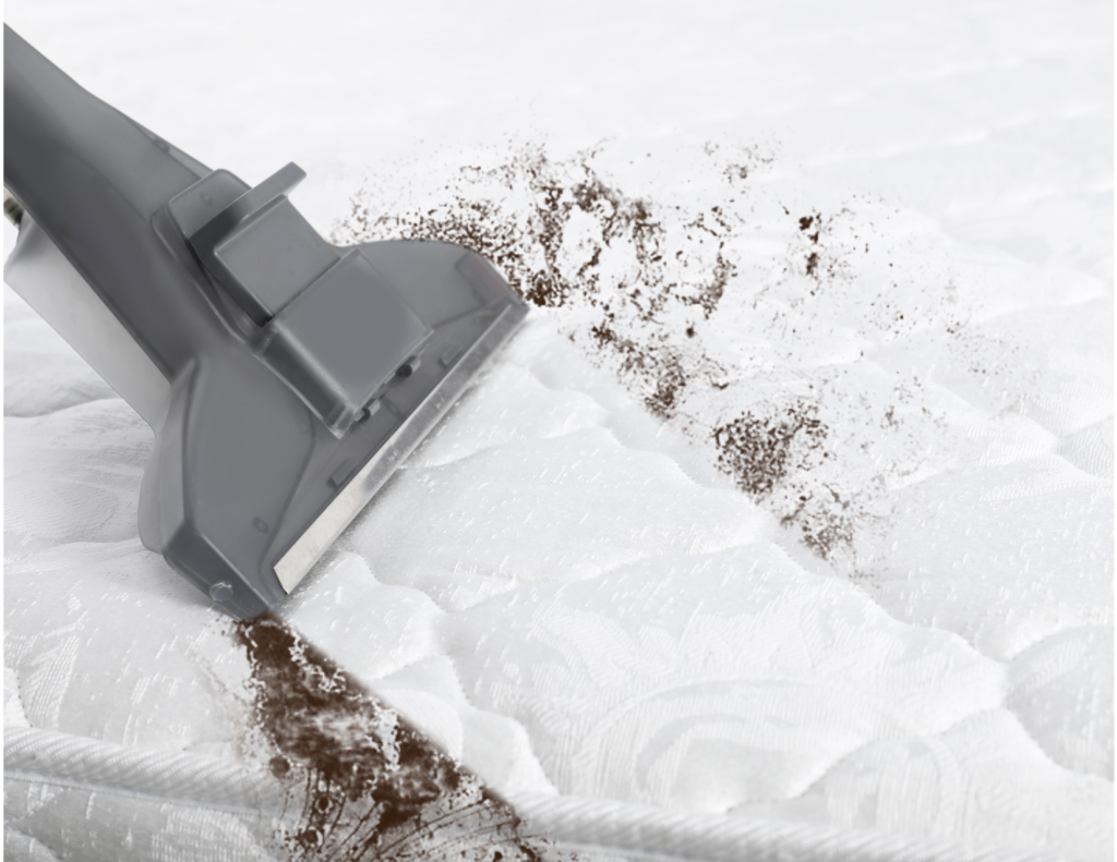 A vacuum cleaning a mattress by sucking up dirt off the quilting.