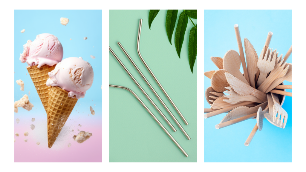 Edible Packaging: Ice Cream Cone; Reusable metal straws; bamboo cutlery: alternative sustainable food ware options