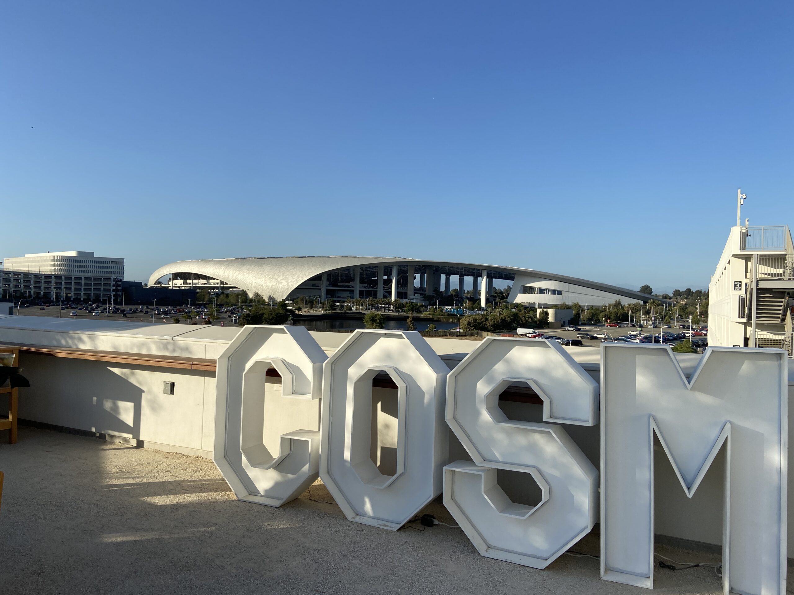A view of SoFI Stadium from COSM's rooftop event venue.