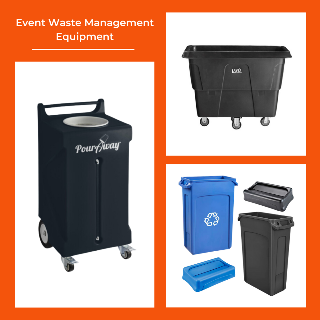 Event Waste Management Equipment to help create a sustainable practices: a pour away, a trash cart, and slim Jim recycling and trash can rentals.