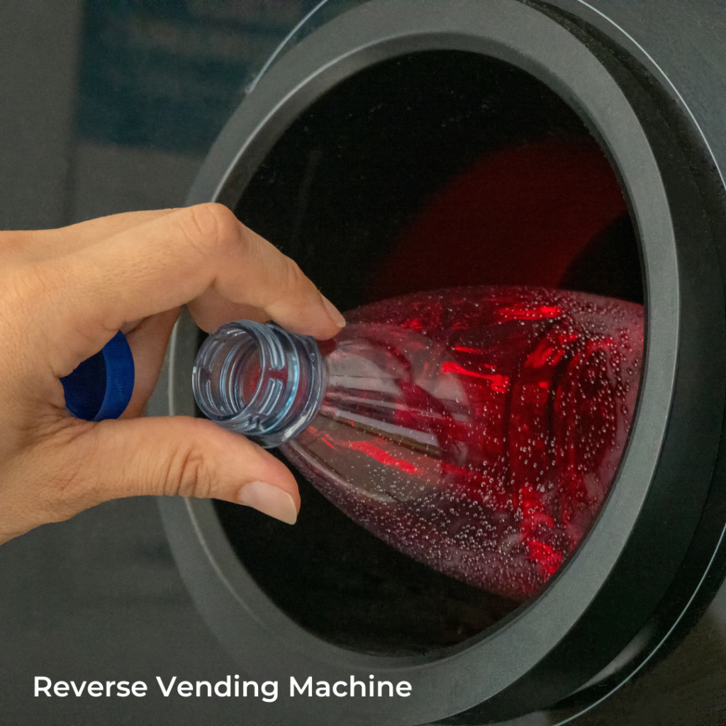 A bottle being disposed of into a reverse vending machine.