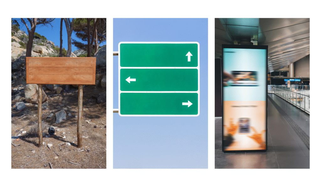Examples of sustainable signage including wood, metal, and digital.