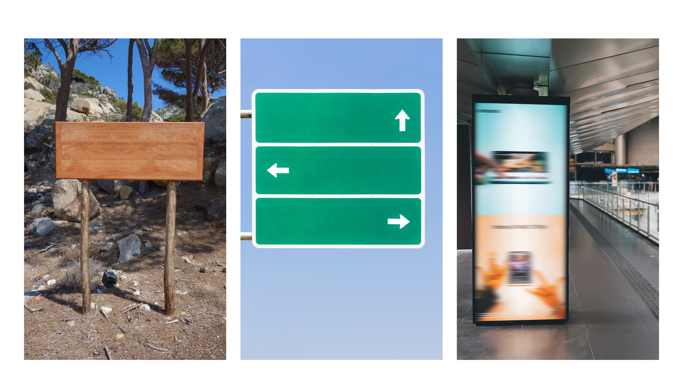 Examples of sustainable signage including wood, metal, and digital.